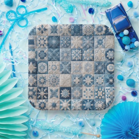 Blauwe en witte sneeuwvlok quilt papieren bordje (Feest)