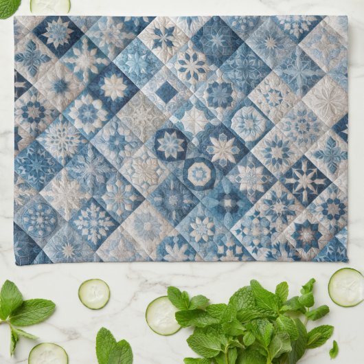 Blauwe en witte sneeuwvlok quilt theedoek (Gevouwen)