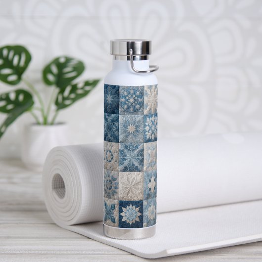 Blauwe en witte sneeuwvlok quilt waterfles (Yoga)