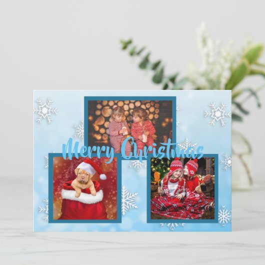 Blauwe en witte sneeuwvlokken Familie Foto's Kerst Kaart (Staand voorkant)