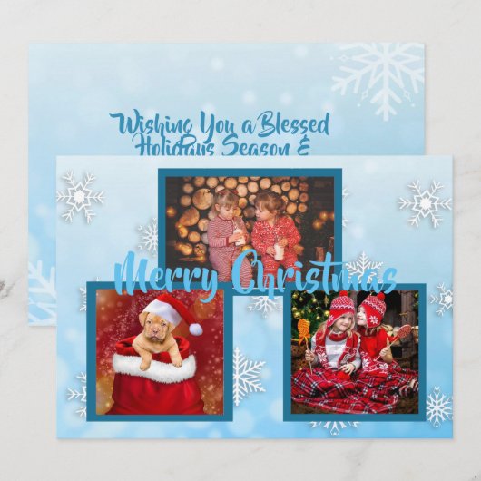 Blauwe en witte sneeuwvlokken Familie Foto's Kerst Kaart (Voorkant / Achterkant)