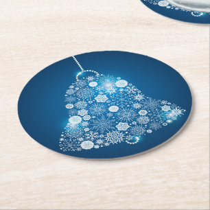 Blauwe en witte sneeuwvlokken kerstbal ronde kartonnen onderzetter