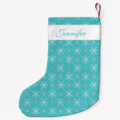 Blauwe en witte sneeuwvlokken met aangepaste naam kleine kerstsok (Achterkant)