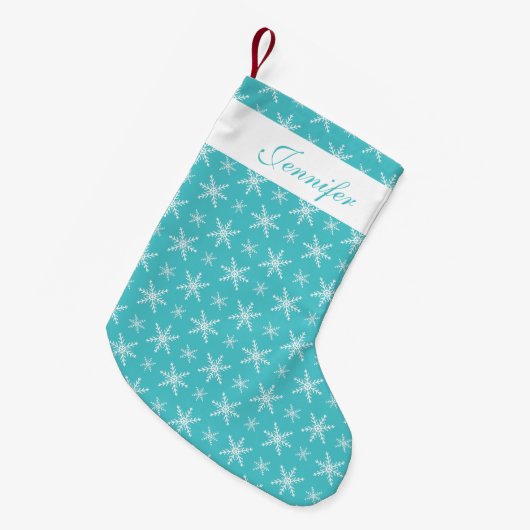 Blauwe en witte sneeuwvlokken met aangepaste naam kleine kerstsok (Voorkant (Hangend))