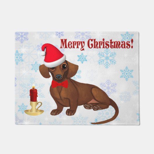 Blauwe en witte Snowflake Dachshund-kerstklep Deurmat (Voorkant)