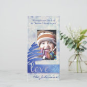 Blauwe en witte Snowflake "Love" Vakantiay Fotokaa Feestdagenkaart (Staand voorkant)