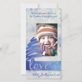 Blauwe en witte Snowflake "Love" Vakantiay Fotokaa Feestdagenkaart (Voorkant)