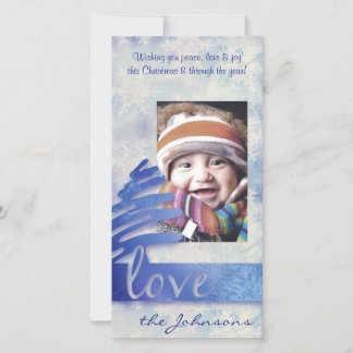 Blauwe en witte Snowflake "Love" Vakantiay Fotokaa Feestdagenkaart