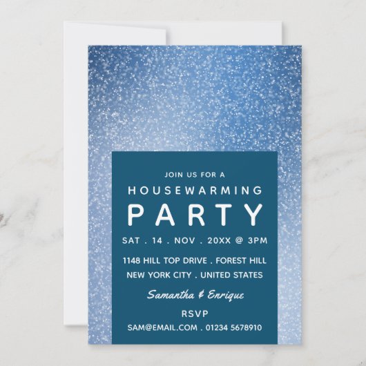 Blauwe en witte Speck, Housewarming Party Invite Aankondiging (Voorkant)
