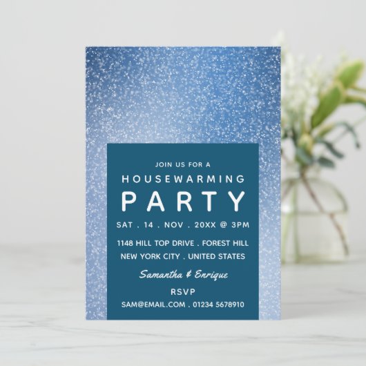 Blauwe en witte Speck, Housewarming Party Invite Aankondiging (Staand voorkant)