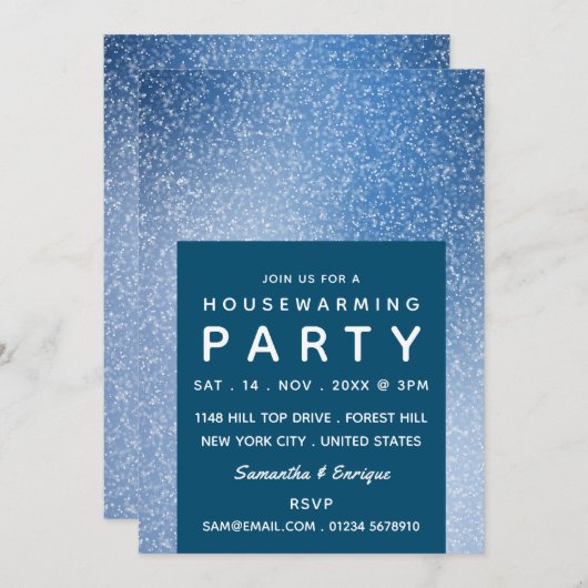 Blauwe en witte Speck, Housewarming Party Invite Aankondiging (Voorkant / Achterkant)