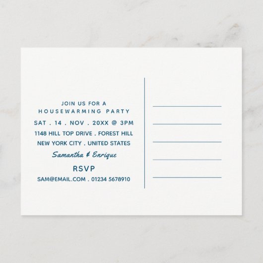 Blauwe en witte Speck, Housewarming Party Invite Uitnodiging Briefkaart (Achterkant)