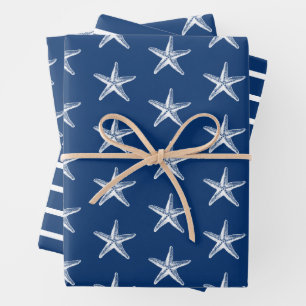 Blauwe en witte Starfish Nautical Stripe Inpakpapier Vel