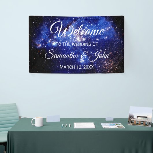 Blauwe en witte sterren die als hemels worden gebr spandoek (Beurs)