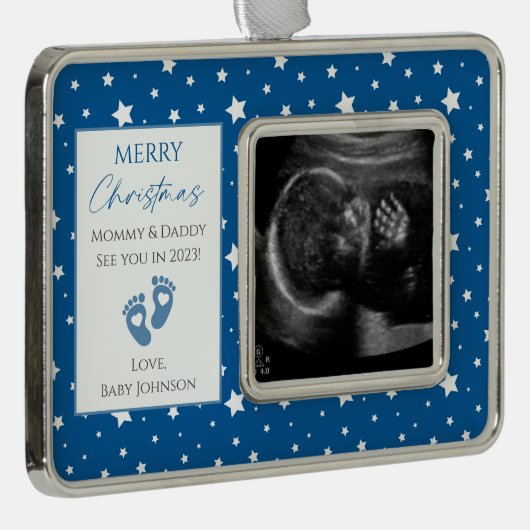 Blauwe en witte sterren Nieuwe babyUltrasound Foto Verzilverd Omlijst Ornament (Rechts)