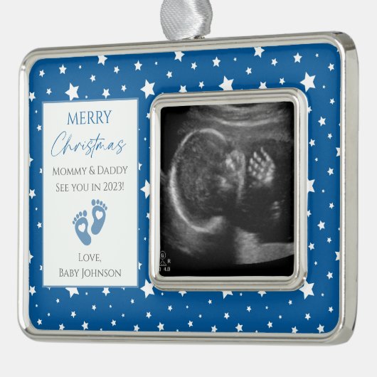Blauwe en witte sterren Nieuwe babyUltrasound Foto Verzilverd Omlijst Ornament (Links)