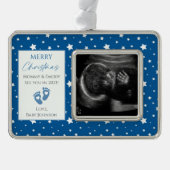 Blauwe en witte sterren Nieuwe babyUltrasound Foto Verzilverd Omlijst Ornament (Voorkant)