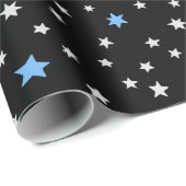 Blauwe en witte sterren over zwart omslagpapier cadeaupapier (Rol Hoek)