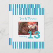 Blauwe en witte streep 13e verjaardag uitnodiging (Voorkant / Achterkant)