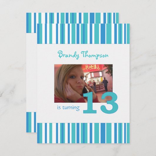 Blauwe en witte streep 13e verjaardag uitnodiging (Voorkant / Achterkant)