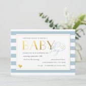 Blauwe en witte streep Faux Gold Baby Shower Kaart (Staand voorkant)