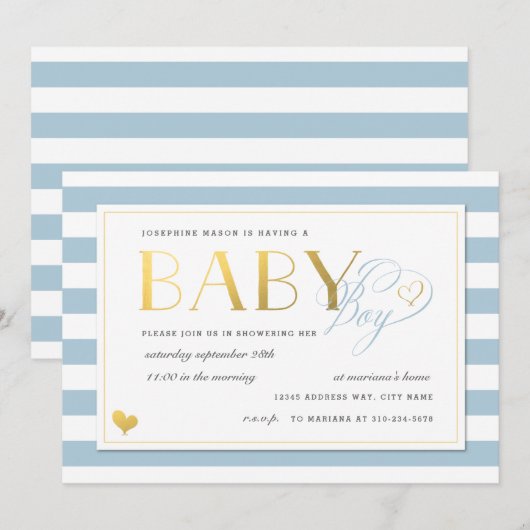Blauwe en witte streep Faux Gold Baby Shower Kaart (Voorkant / Achterkant)