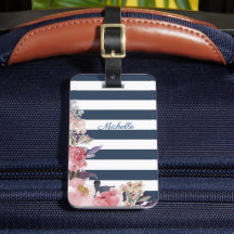 Blauwe en witte streep monogrammen bagagelabel