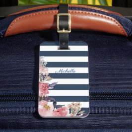 Blauwe en witte streep monogrammen bagagelabel