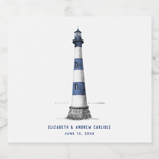 Blauwe en Witte Streep Vuurtoren Bruiloft Bier Etiket (Enkel label)