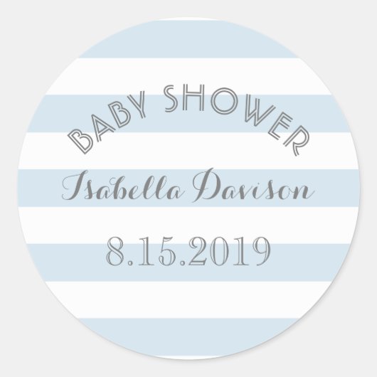 Blauwe en witte strepen baby showers sticker (Voorkant)