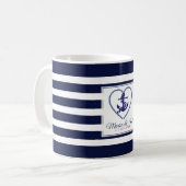 Blauwe en witte strepen en anker koffiemok (Voorkant links)