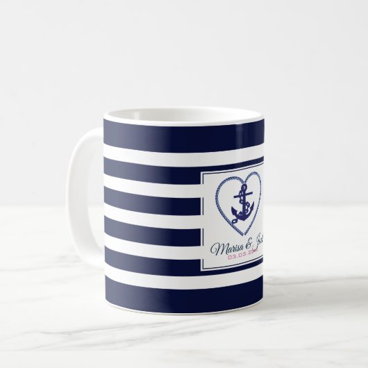 Blauwe en witte strepen en anker koffiemok (Voorkant links)