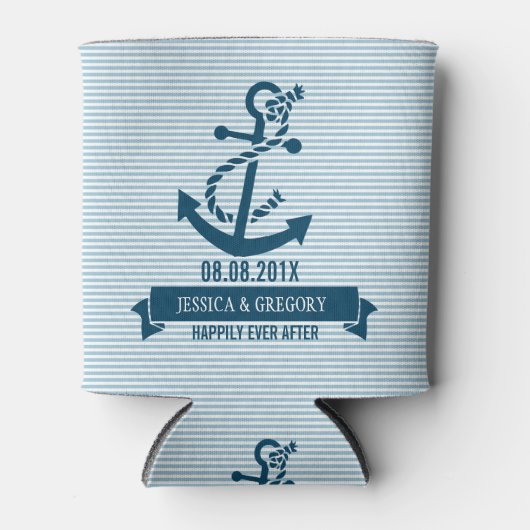 Blauwe en witte strepen en kettingbevestiging blikjeskoeler (Voorkant)