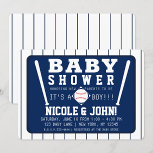 Blauwe en witte strepen honkbal baby shower kaart