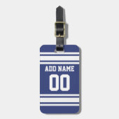 Blauwe en witte strepen met naam en nummer bagagelabel (Voorkant verticaal)