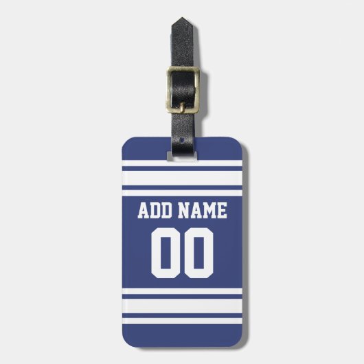 Blauwe en witte strepen met naam en nummer bagagelabel (Voorkant verticaal)