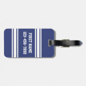 Blauwe en witte strepen met naam en nummer bagagelabel (Achterkant horizontaal)