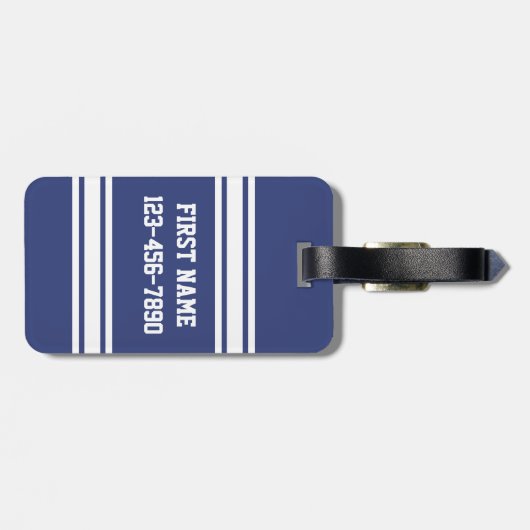 Blauwe en witte strepen met naam en nummer bagagelabel (Achterkant horizontaal)