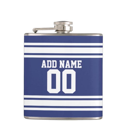 Blauwe en witte strepen met naam en nummer heupfles (Voorkant)