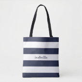 Blauwe en witte strepen met naam tote bag (Voorkant)