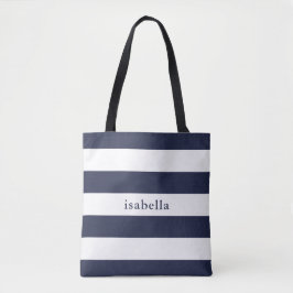 Blauwe en witte strepen met naam tote bag