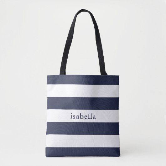 Blauwe en witte strepen met naam tote bag (Voorkant)