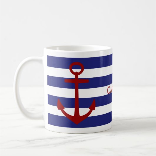 Blauwe en witte strepen met rode anker koffiemok (Links)