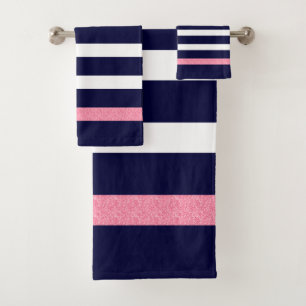 Blauwe en witte strepen patroon roze accenten bad handdoek