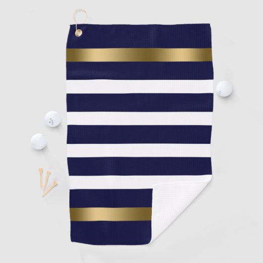 Blauwe en witte strepen patroongoudaccenten golfhanddoek (Insitu)