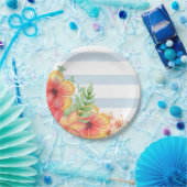 Blauwe en witte strepen Roze Floral Papieren Bordje (Feest)