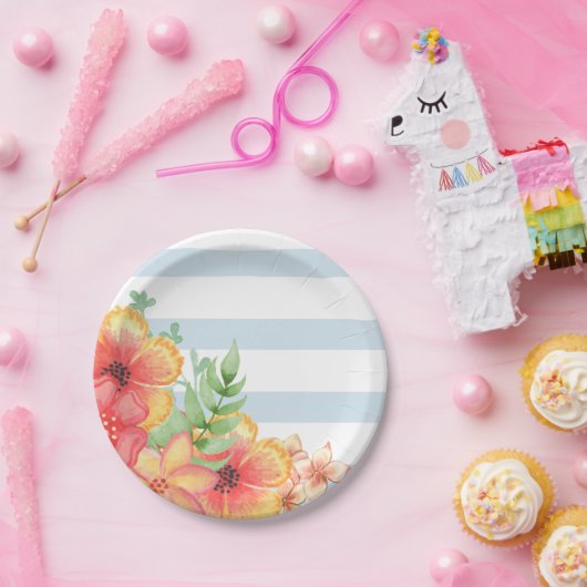Blauwe en witte strepen Roze Floral Papieren Bordje (Feest)