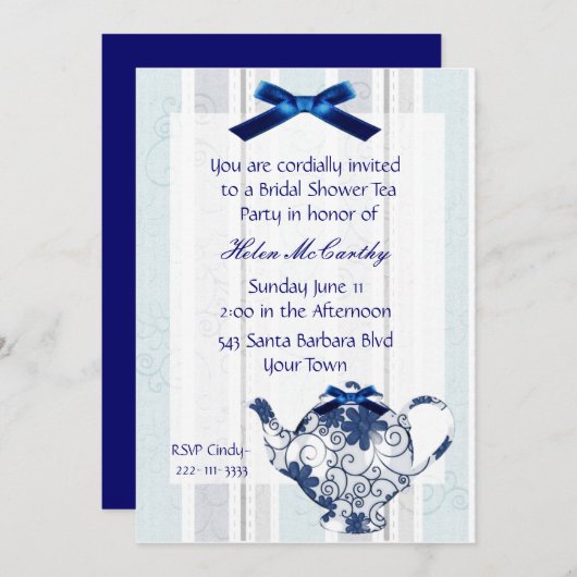 Blauwe en witte Tea Party Bridal Shower Invitation Kaart (Voorkant / Achterkant)