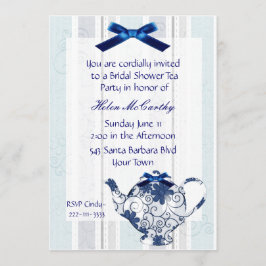 Blauwe en witte Tea Party Bridal Shower Invitation Kaart
