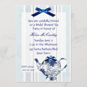 Blauwe en witte Tea Party Bridal Shower Invitation Kaart